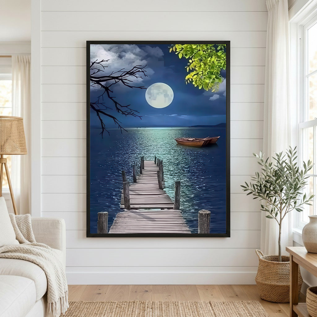 Moonlit Pier & Boat Canvas Wall Art