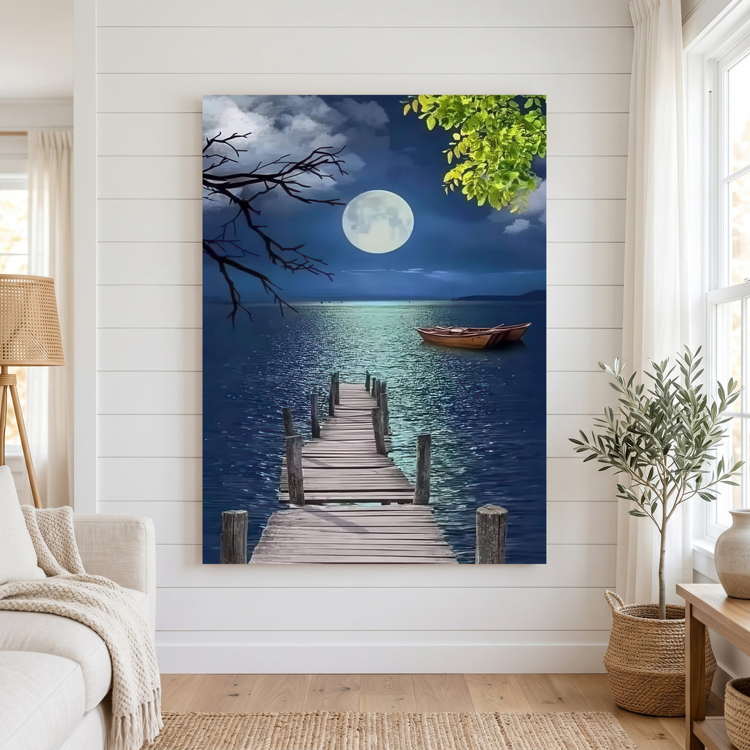 Moonlit pier and boat canvas wall art with full moon over calm waters and wooden pier at night
