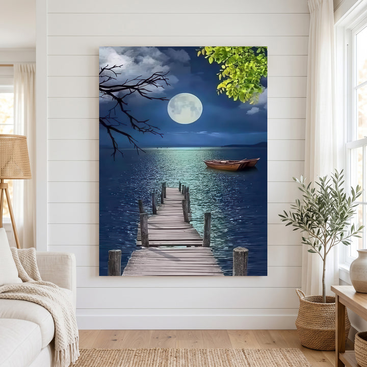 Moonlit pier and boat canvas wall art with full moon over calm waters and wooden pier at night