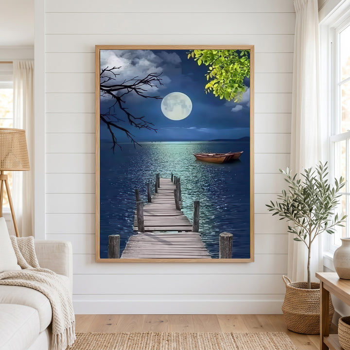 Moonlit Pier & Boat Canvas Wall Art