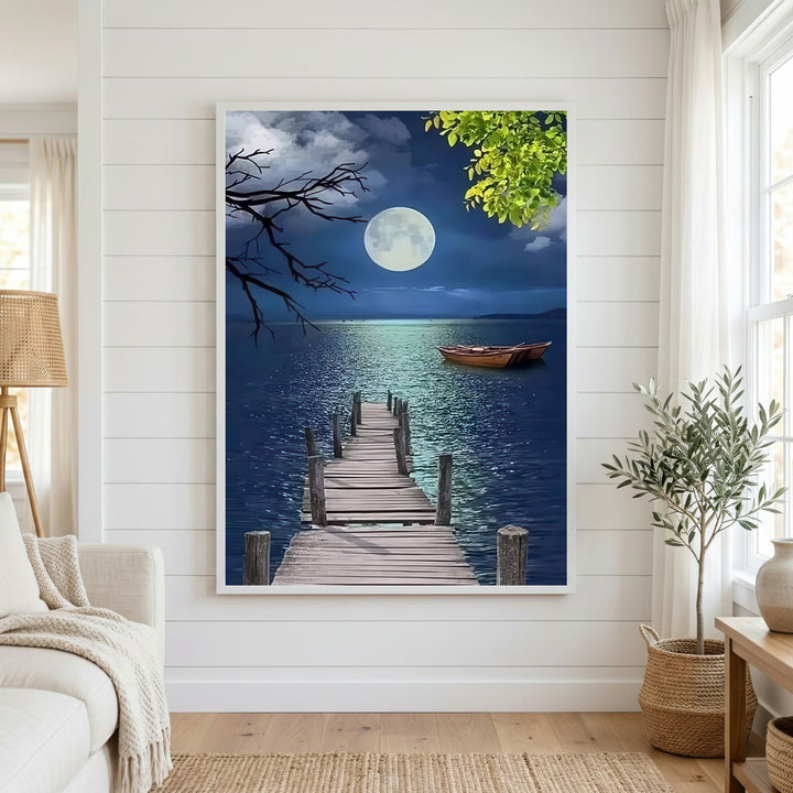 Moonlit Pier & Boat Canvas Wall Art