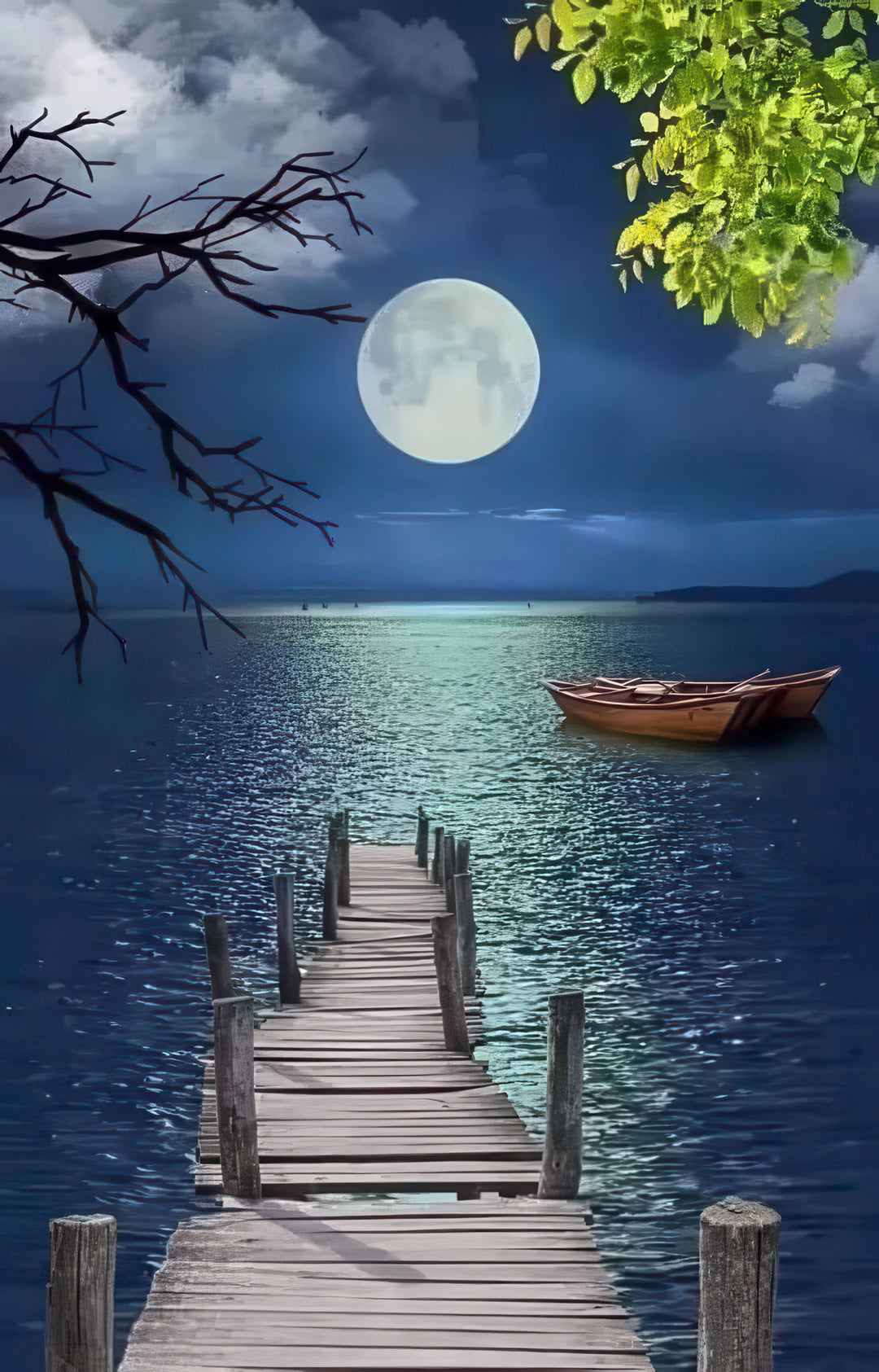 Moonlit pier and boat canvas wall art with full moon over calm waters and wooden pier at night