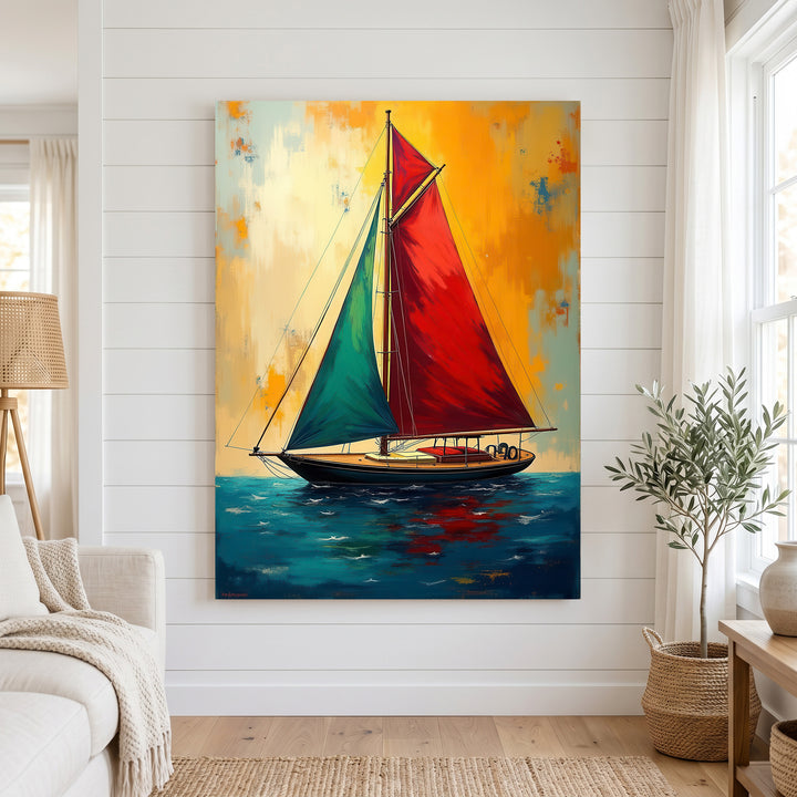 Colorful sailboat with red and teal sails abstract canvas on MDF frame