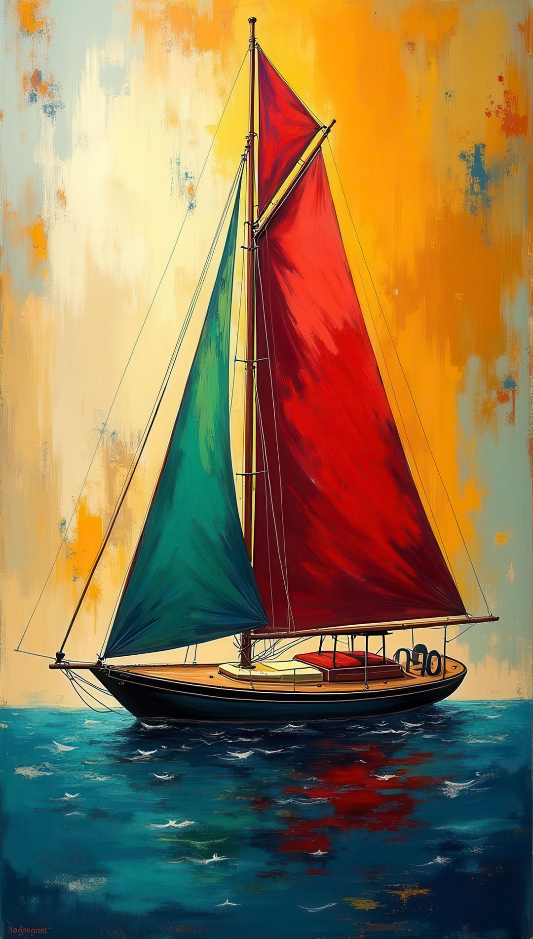 Colorful sailboat with red and teal sails abstract canvas on MDF frame