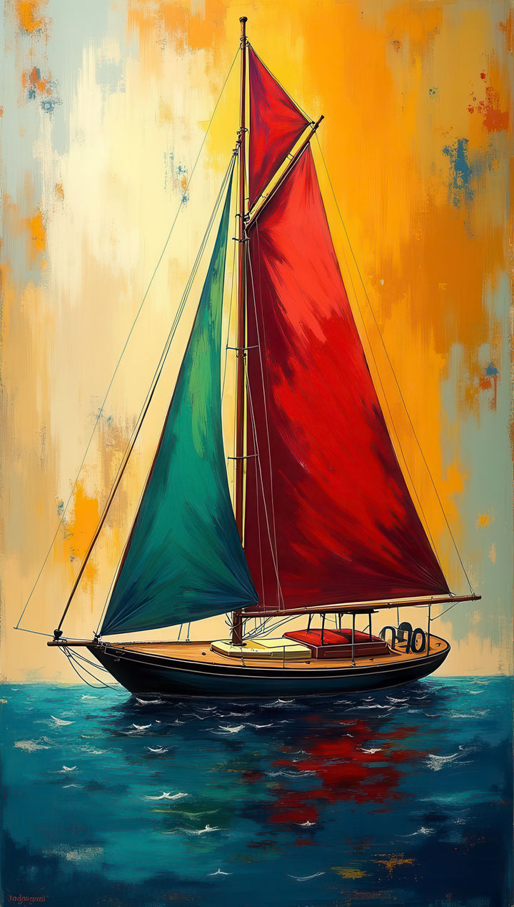 Colorful sailboat with red and teal sails abstract canvas on MDF frame