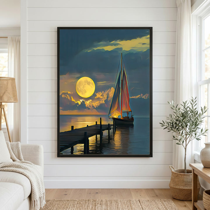 Moonlit Sailboat at Wooden Pier Canvas