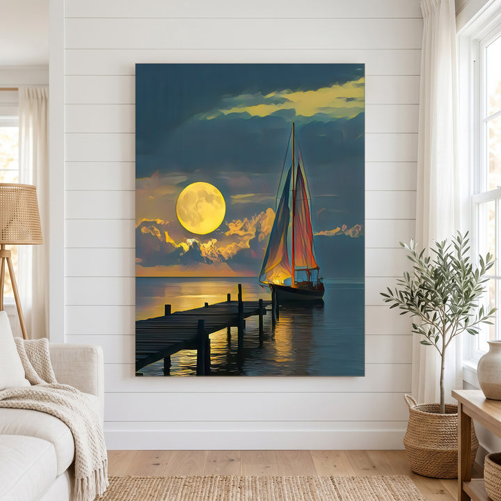 Moonlit sailboat resting by wooden pier under full moon on premium canvas