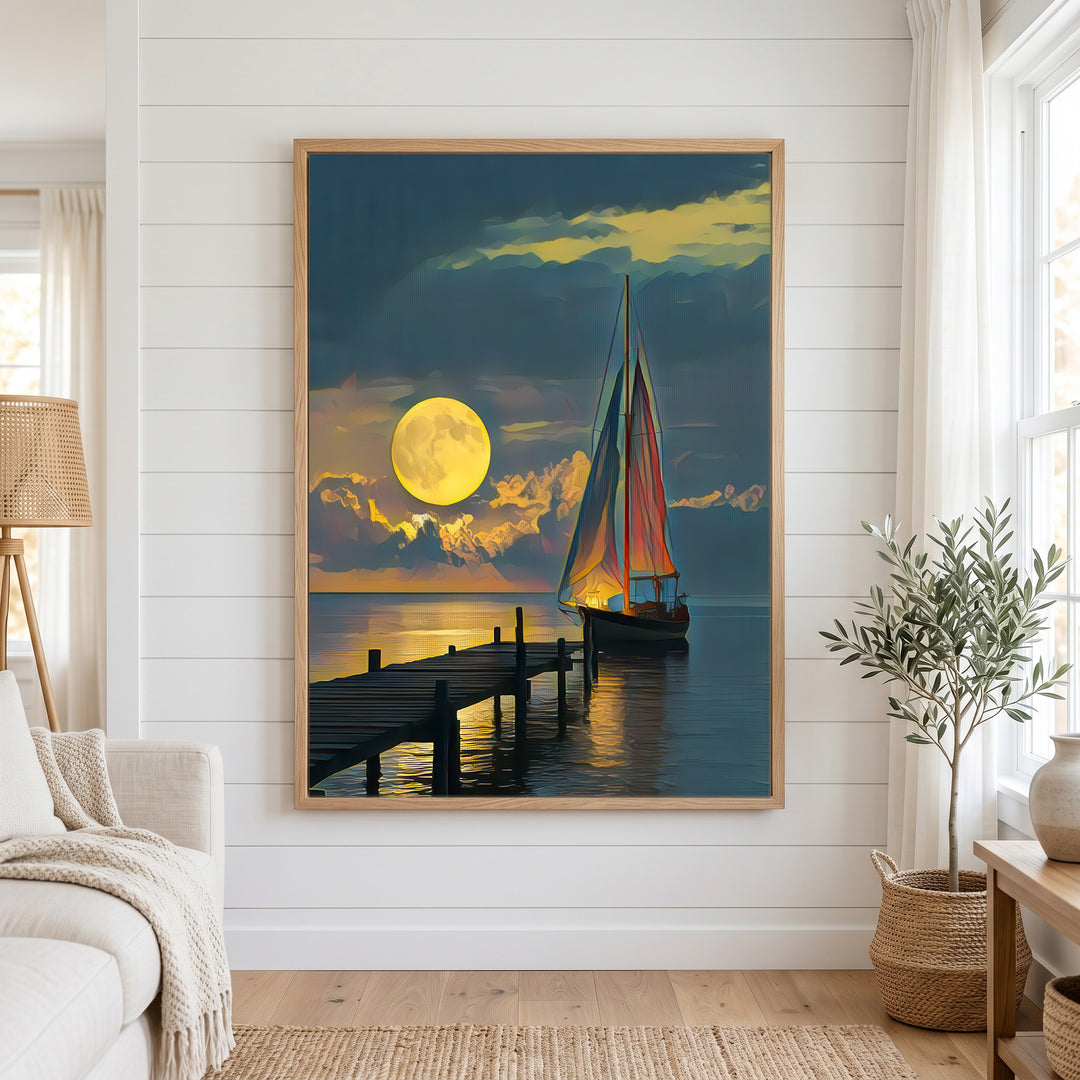 Moonlit Sailboat at Wooden Pier Canvas