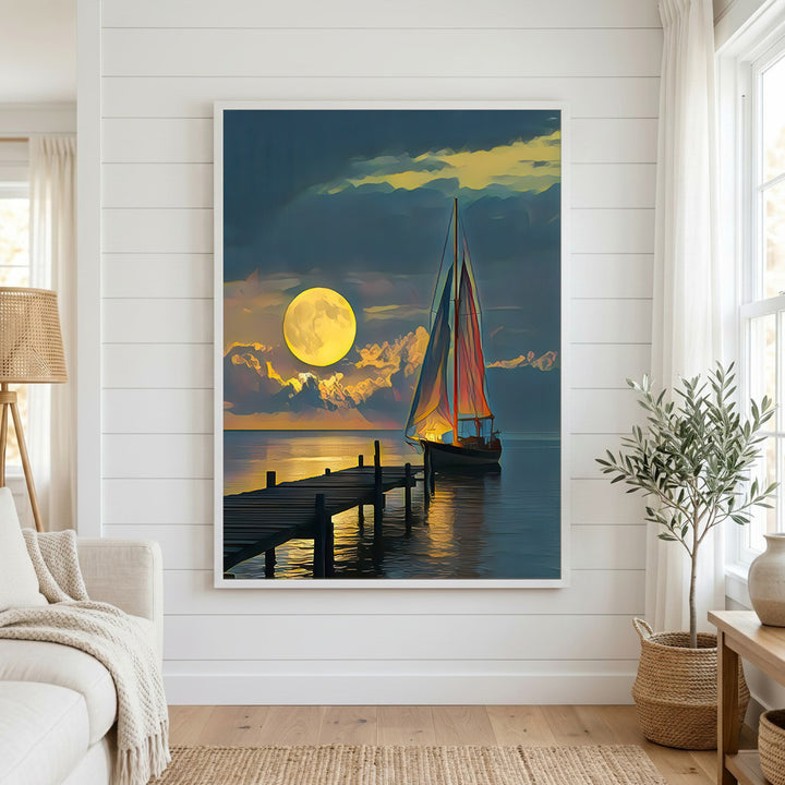 Moonlit Sailboat at Wooden Pier Canvas