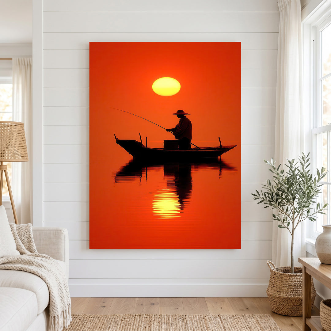 Minimalist Sunset Fisherman Silhouette canvas with glowing red sunset and MDF frame
