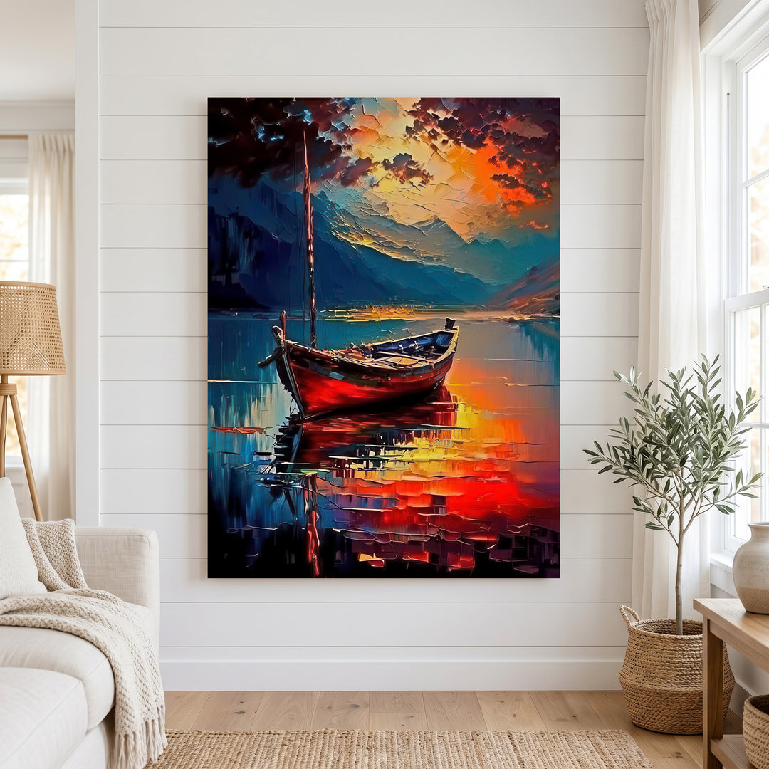 Abstract red boat reflection on calm water canvas with vibrant sunset colors