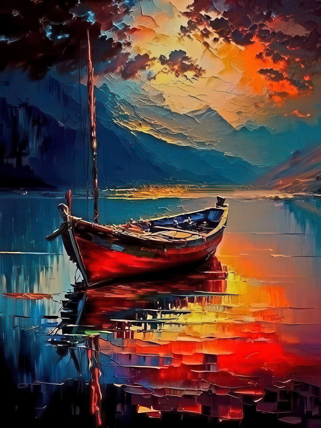 Abstract red boat reflection on calm water canvas with vibrant sunset colors