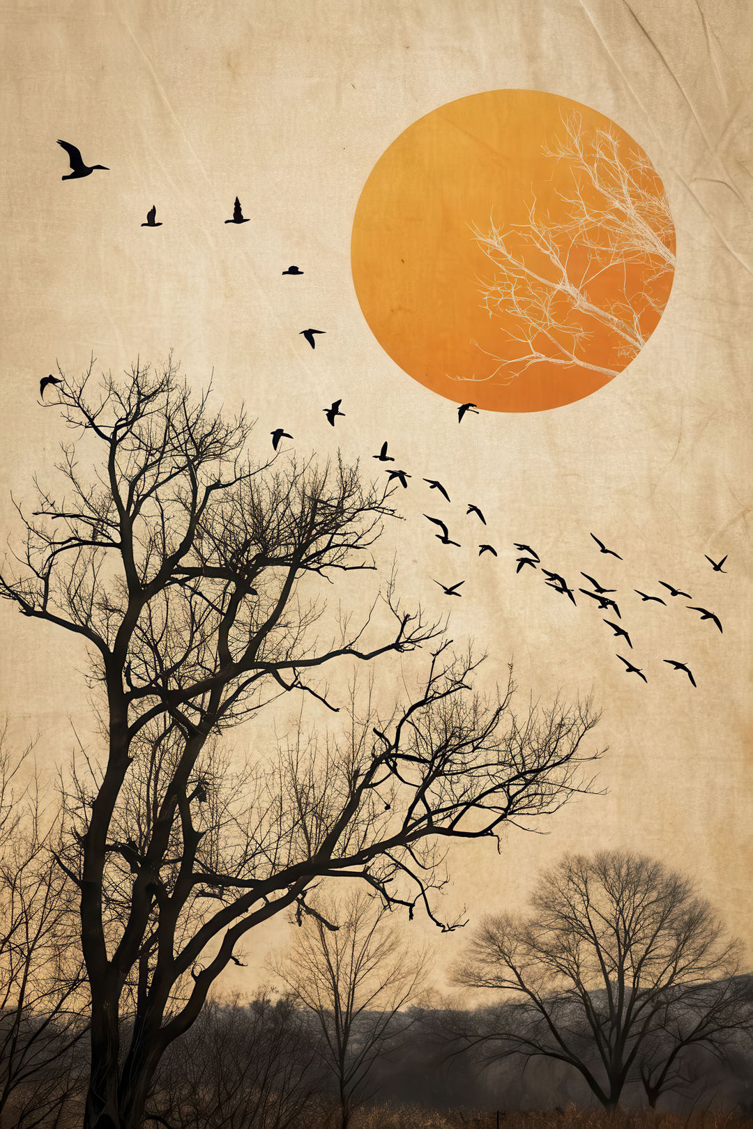 Minimalist canvas with golden sun, bare trees, and flying birds in warm neutral tones