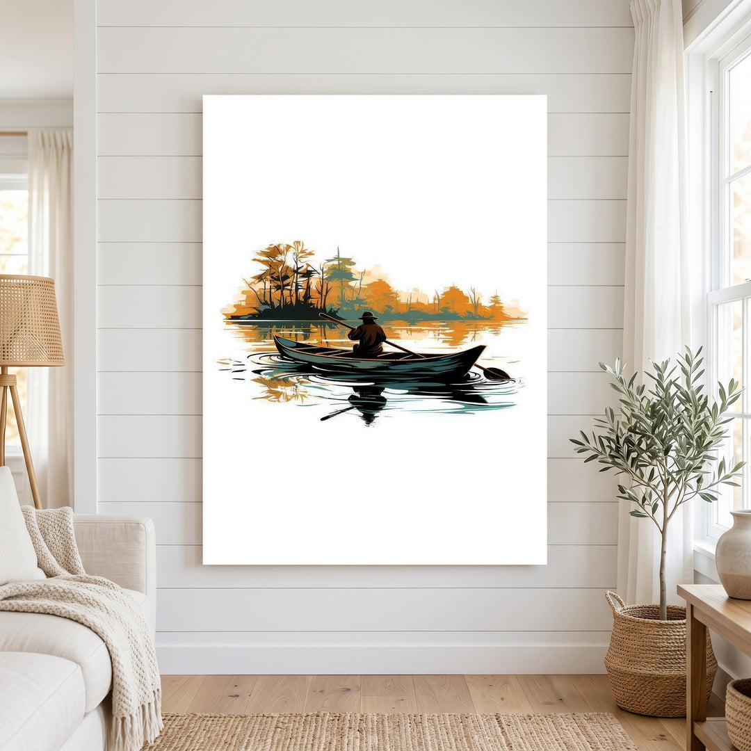Minimalist rowboat reflection on calm water with autumn tree reflections on canvas print