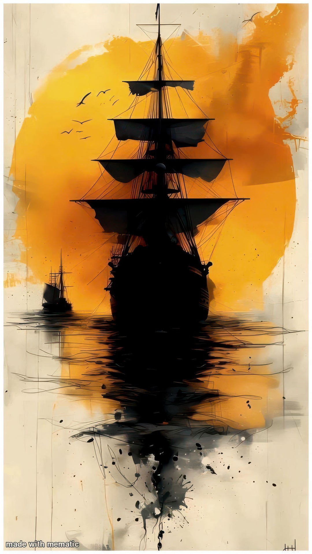 Golden Horizon Tall Ship Canvas depicting tall ship silhouette sailing into golden horizon with bold contrasts and artistic brush textures
