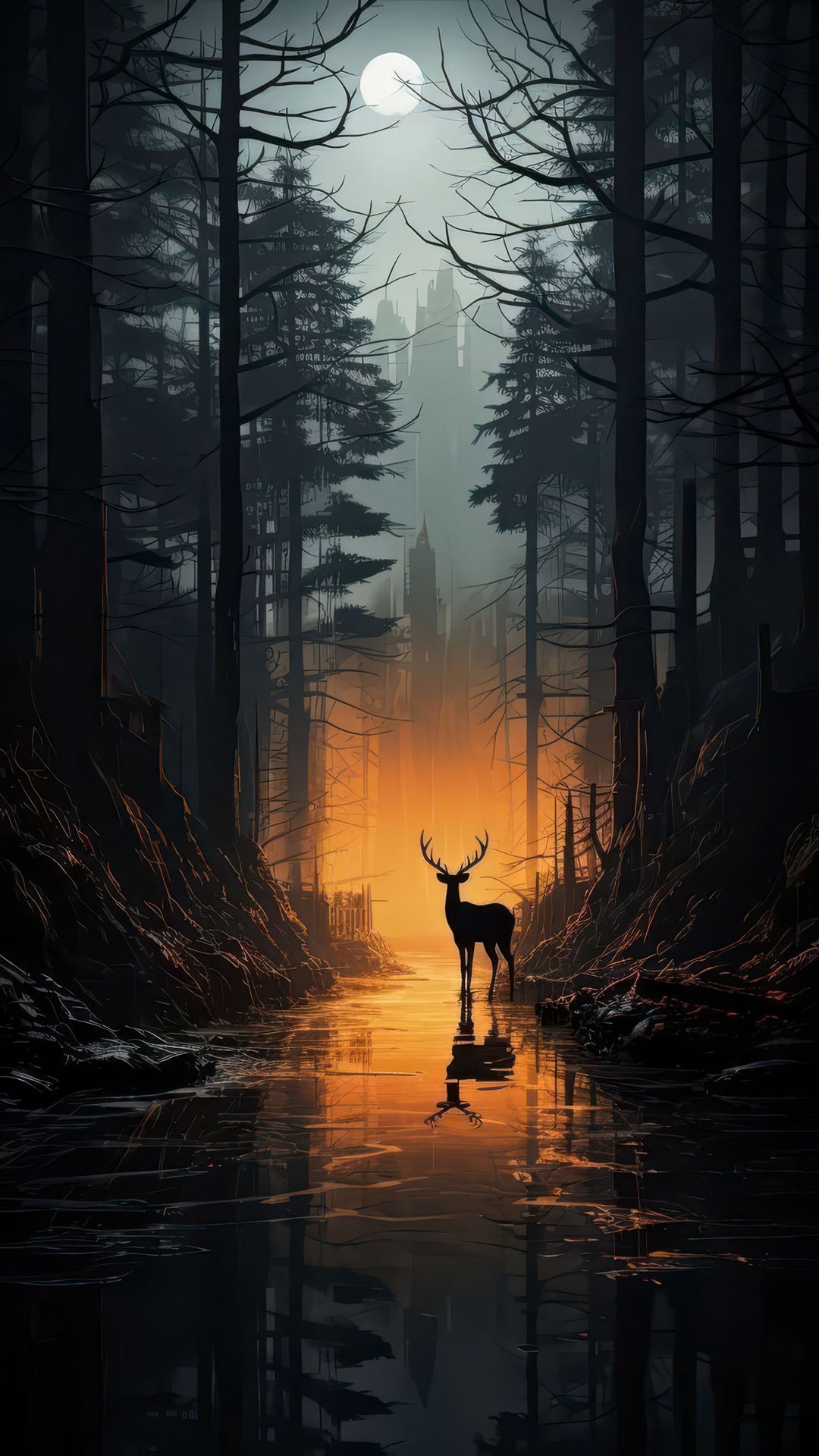 Moonlit forest deer standing in glowing reflections on premium canvas with MDF frame and glass front.