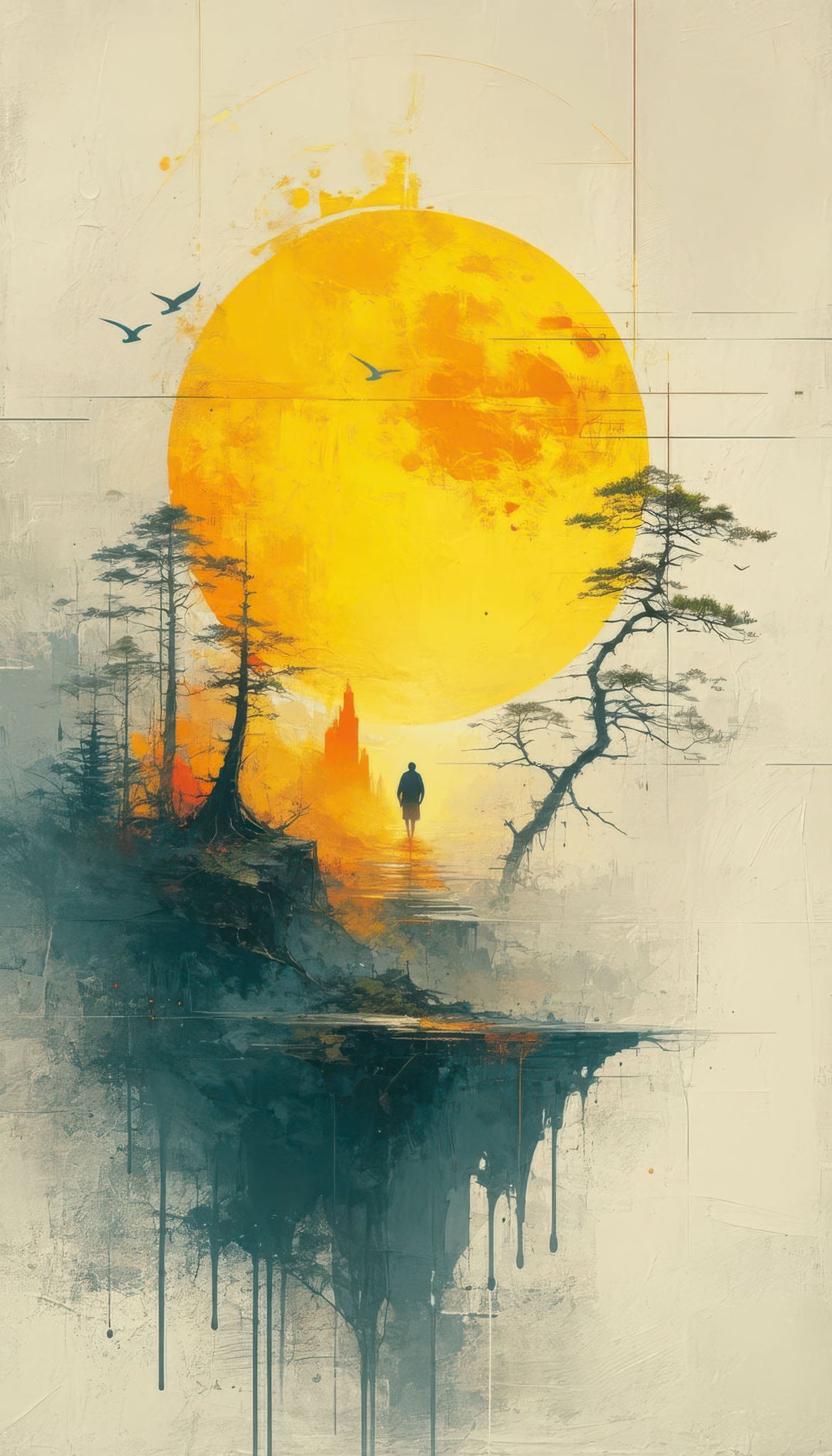 Golden Sun Path Canvas Art with glowing sun, misty landscape, and solitary figure walking toward horizon