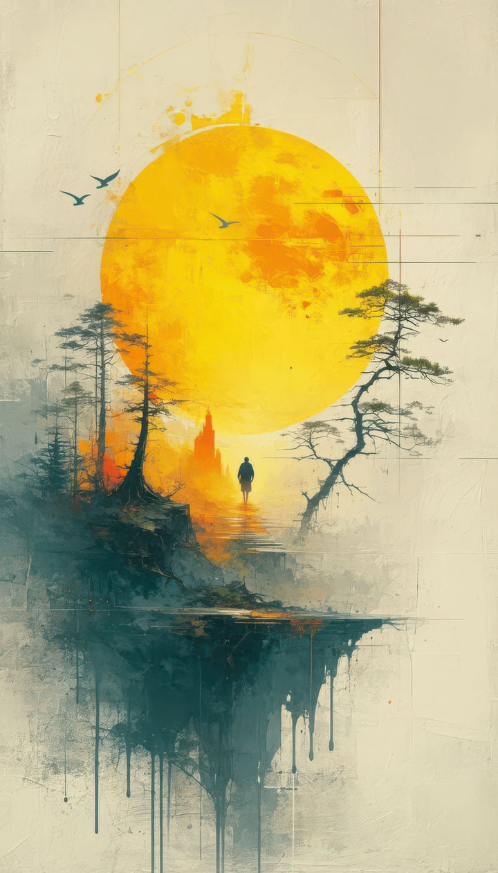 Golden Sun Path Canvas Art with glowing sun, misty landscape, and solitary figure walking toward horizon