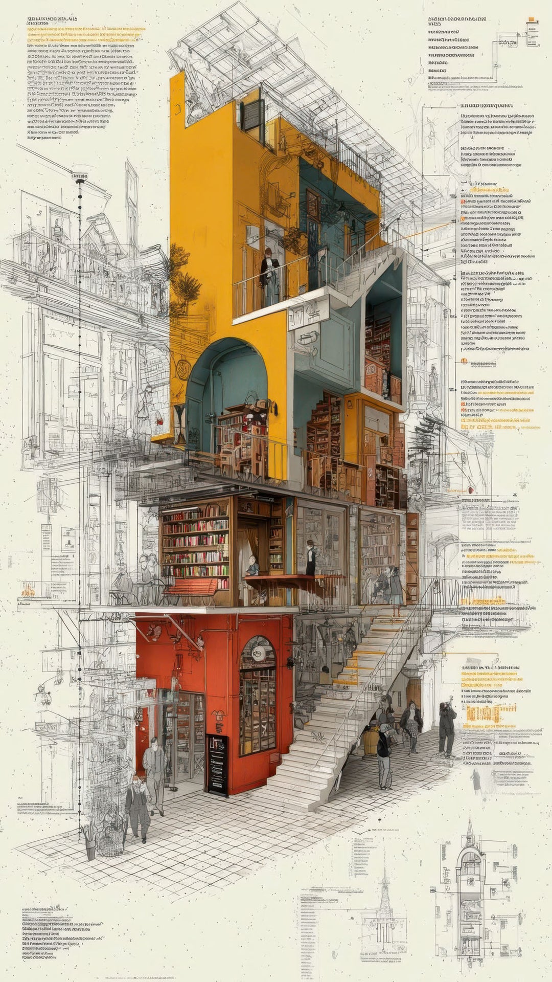 Architectural blueprint art canvas with detailed sketches and warm modern colors in MDF frame