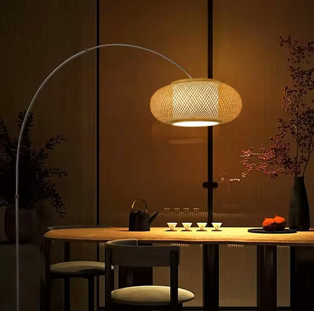 Modern Arc Floor Lamp with Woven Rattan Shade