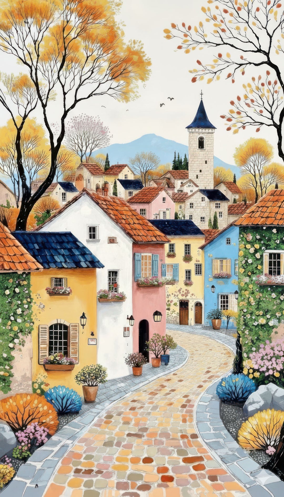 Autumn Village Street canvas wall art of colorful European houses and cobblestone street in warm autumn tones