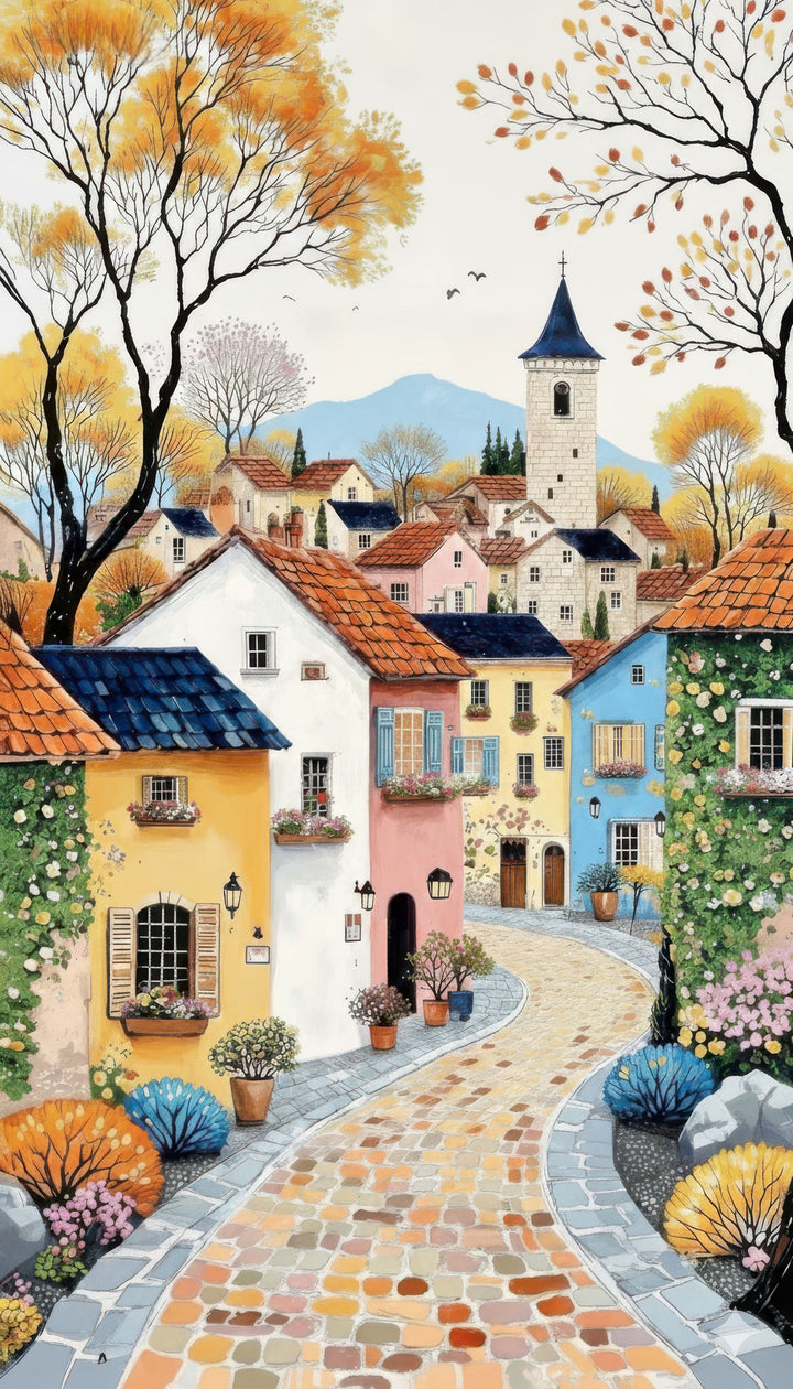 Autumn Village Street canvas wall art of colorful European houses and cobblestone street in warm autumn tones