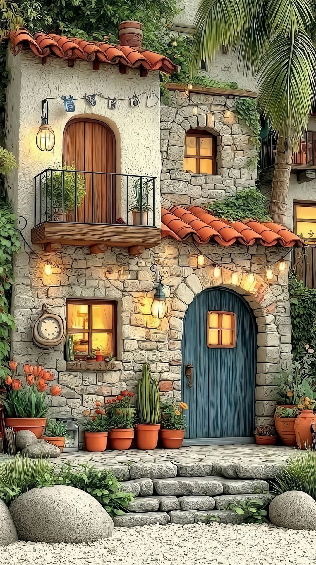 Mediterranean stone house canvas wall art with terracotta roofs and glowing windows