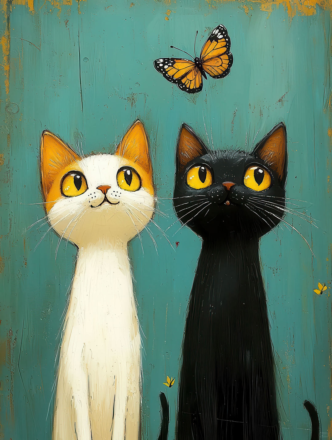 Two curious cats looking at a butterfly on teal textured canvas wall art with MDF frame and glass front