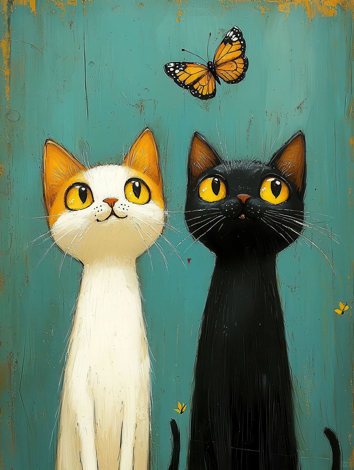 Two curious cats looking at a butterfly on teal textured canvas wall art with MDF frame and glass front