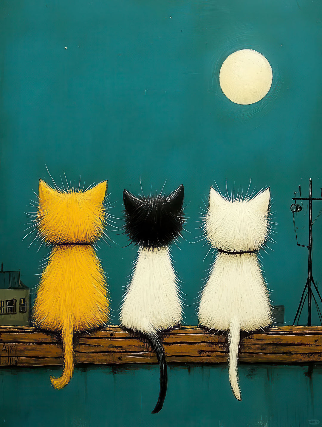 Three Cats Under the Moon whimsical canvas wall art with three cats under a glowing moon on teal night sky