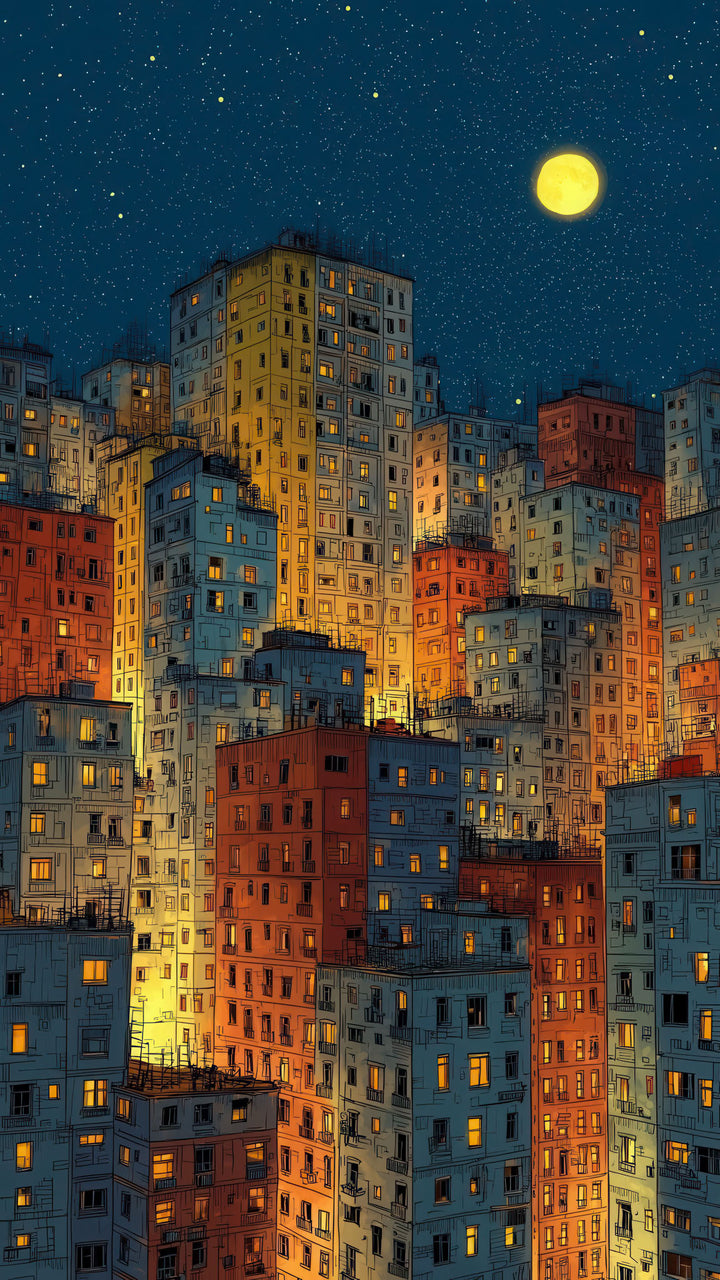 Moonlit cityscape canvas wall art with illuminated skyline under starry night sky on premium canvas