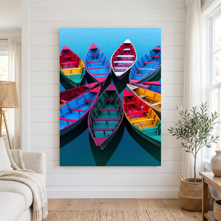 Colorful boats floating on calm blue water canvas wall art