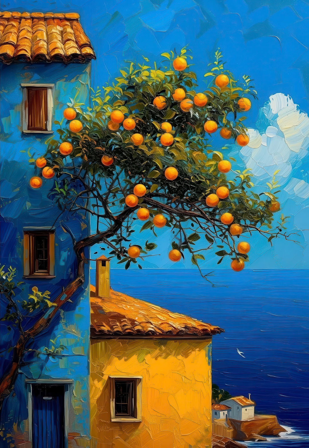 Mediterranean orange tree canvas wall art with coastal houses and blue sea background on premium canvas
