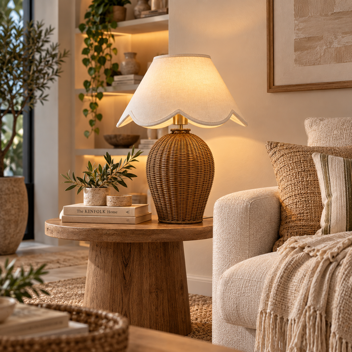Rattan Table Lamp with Scalloped Linen Shade
