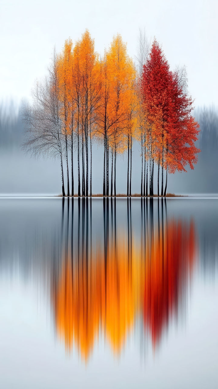 Autumn trees reflection on calm water canvas wall art with warm fall colors