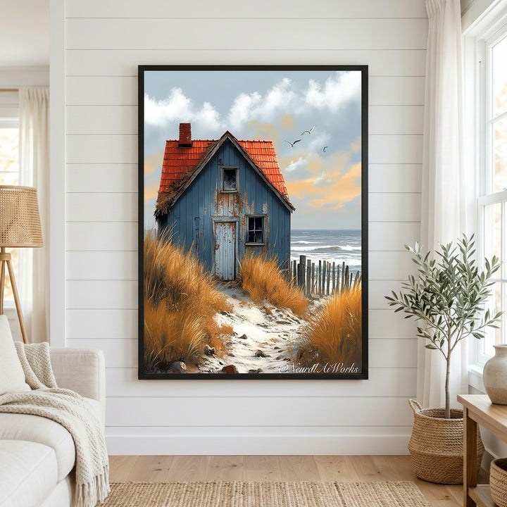Coastal Cottage by the Sea Canvas Wall Art