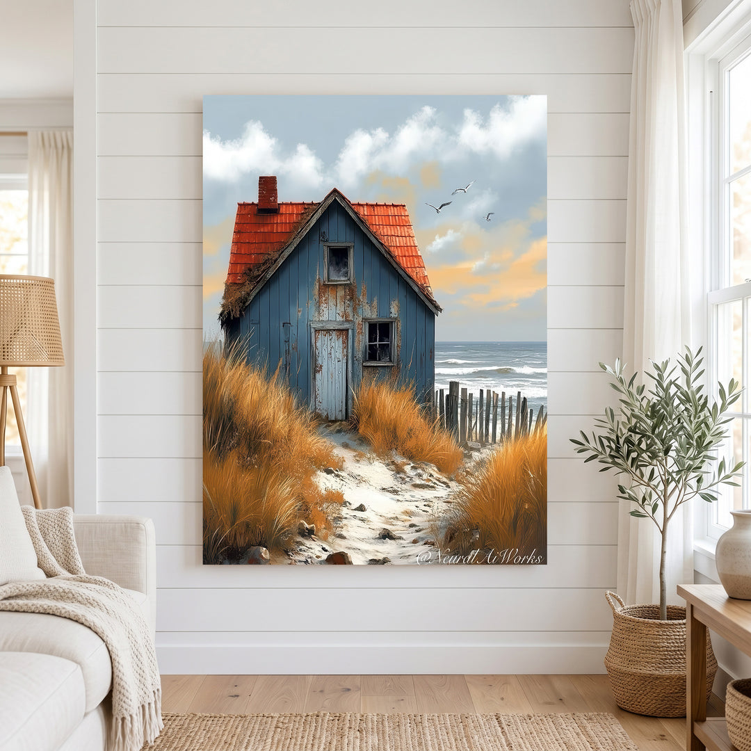 Coastal cottage canvas wall art with blue cottage, golden dune grass, and sea background