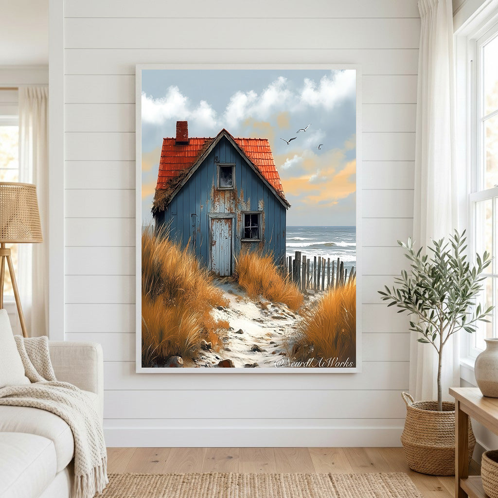 Coastal Cottage by the Sea Canvas Wall Art