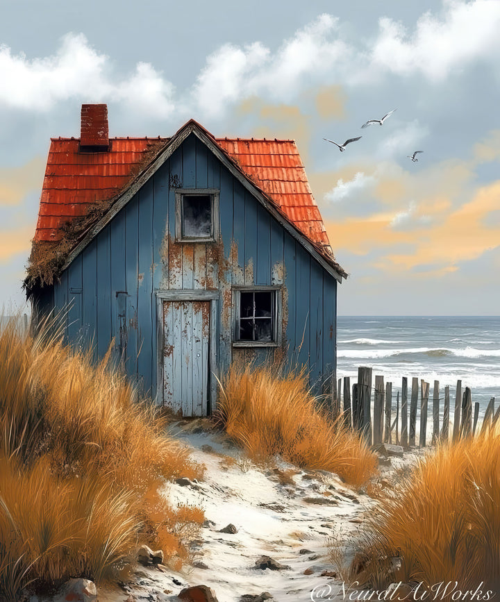 Coastal cottage canvas wall art with blue cottage, golden dune grass, and sea background