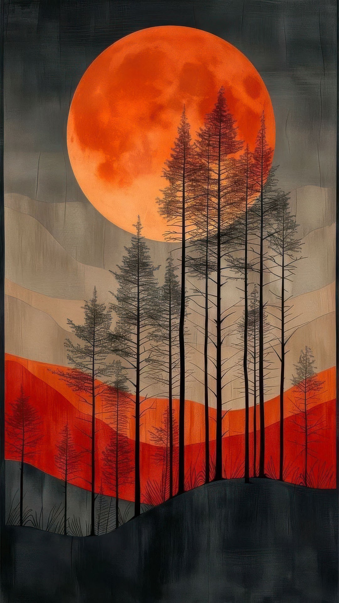 Crimson moon rising over a quiet forest on premium canvas wall art with deep red and charcoal tones