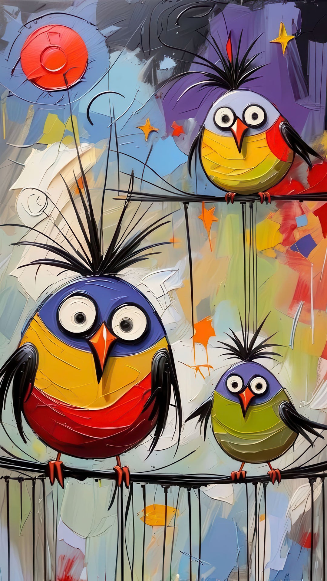 Colorful birds abstract canvas wall art with three whimsical birds in bold colors on premium canvas