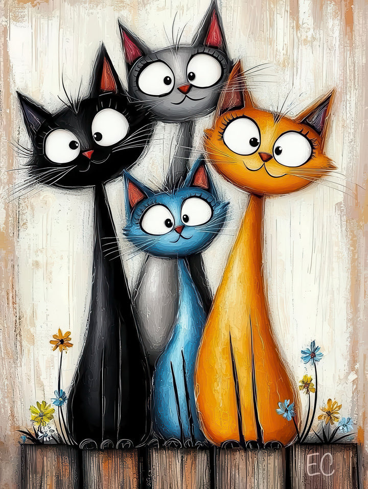 Colorful playful cat family illustration on premium canvas wall art