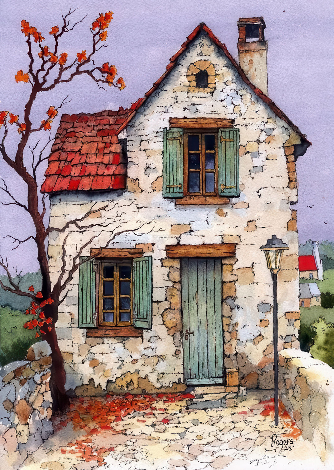 Charming stone cottage canvas artwork with rustic textures and soft pastel skies on premium canvas