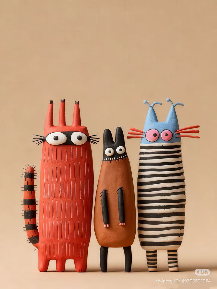 Playful abstract animal trio on neutral tone canvas with MDF frame and glass front panel