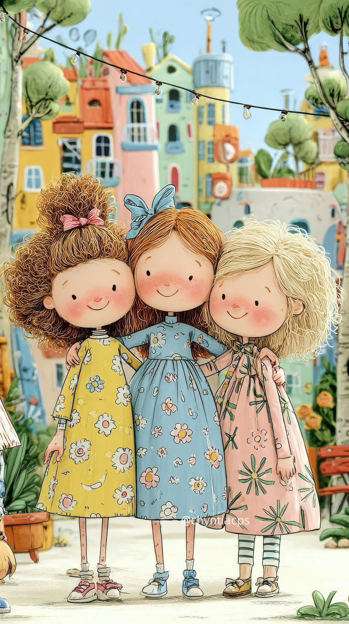 Cute girls illustration on premium canvas wall art with pastel colors and MDF frame