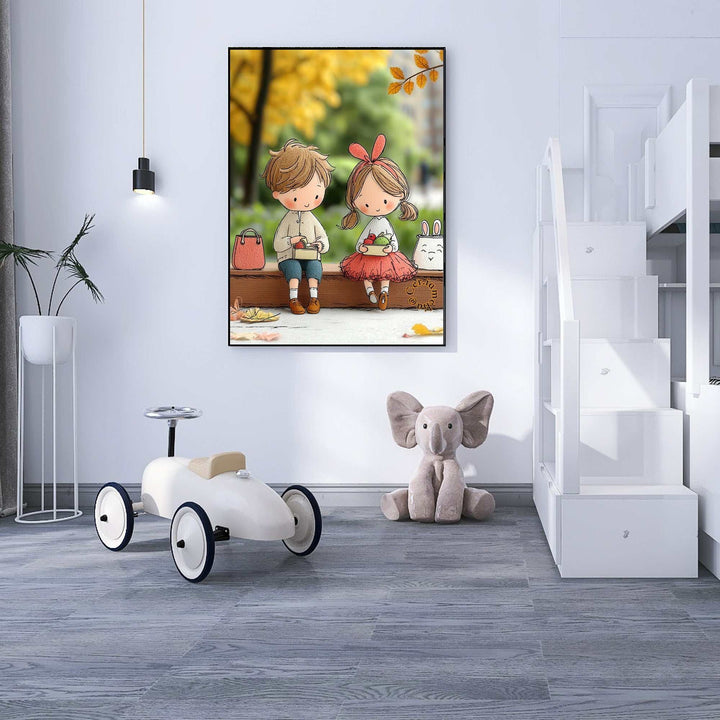 Cute Kids Autumn Illustration Canvas Art