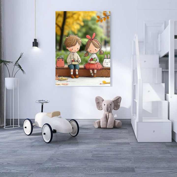 Cute kids autumn illustration canvas art with two children enjoying fall, soft colors, premium canvas in MDF frame