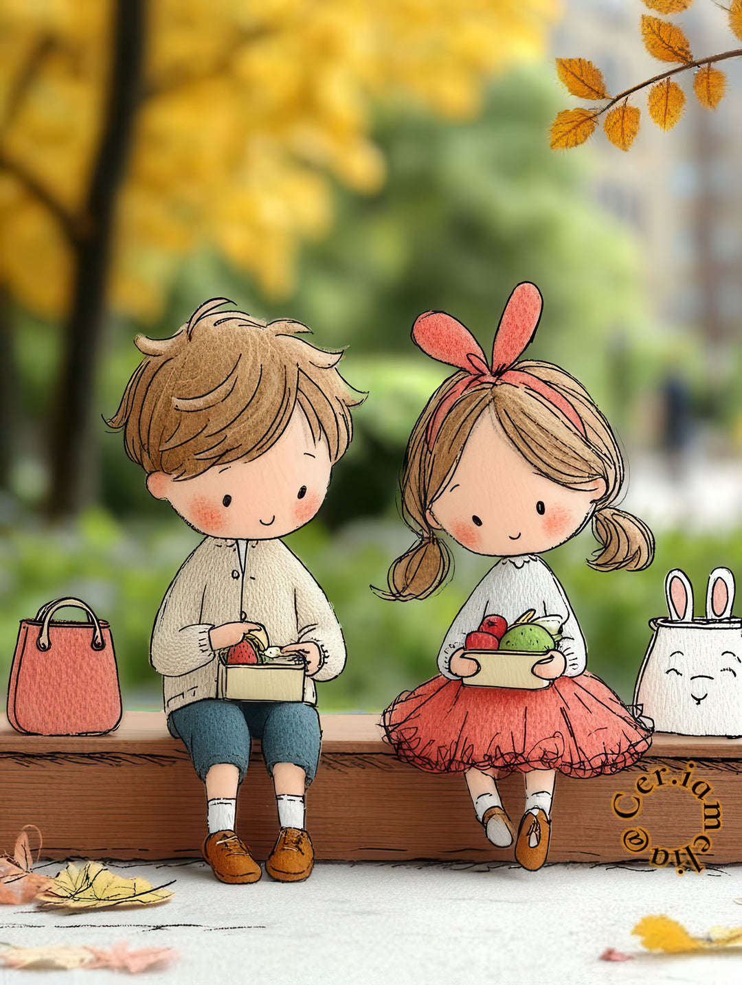 Cute kids autumn illustration canvas art with two children enjoying fall, soft colors, premium canvas in MDF frame