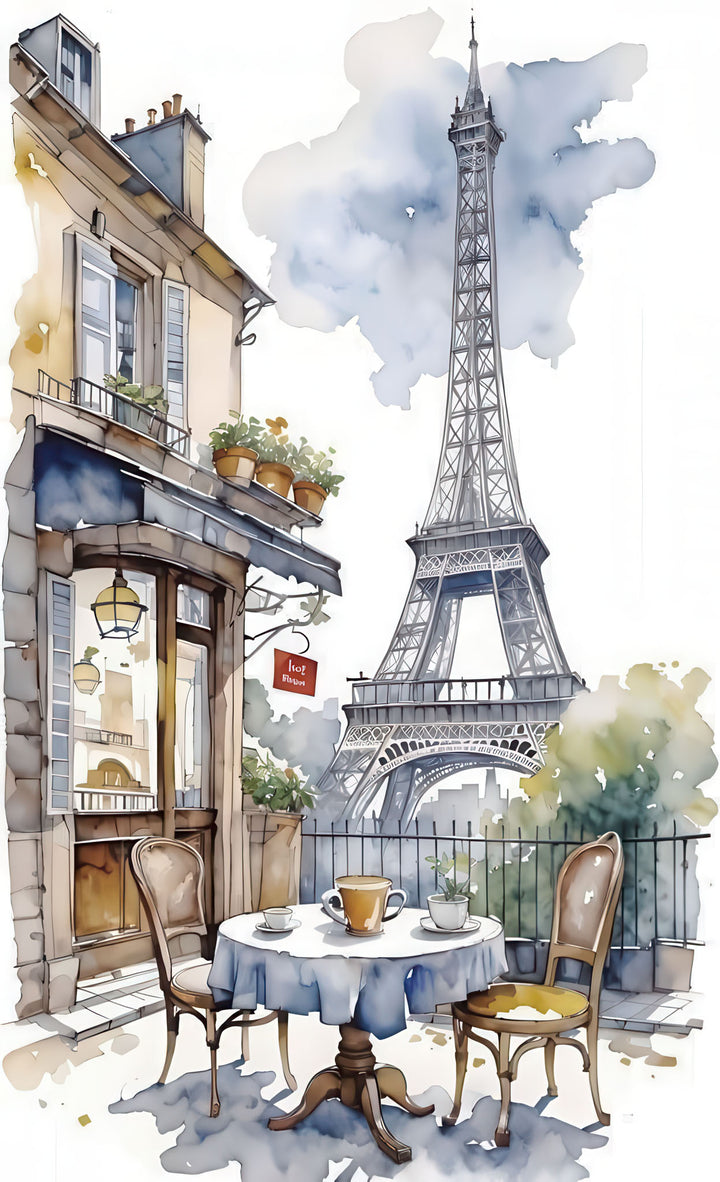 Watercolor canvas art of Paris Eiffel Tower with Paris cafÃƒÆ’Ã†â€™Ãƒâ€šÃ‚Â© scene and MDF frame