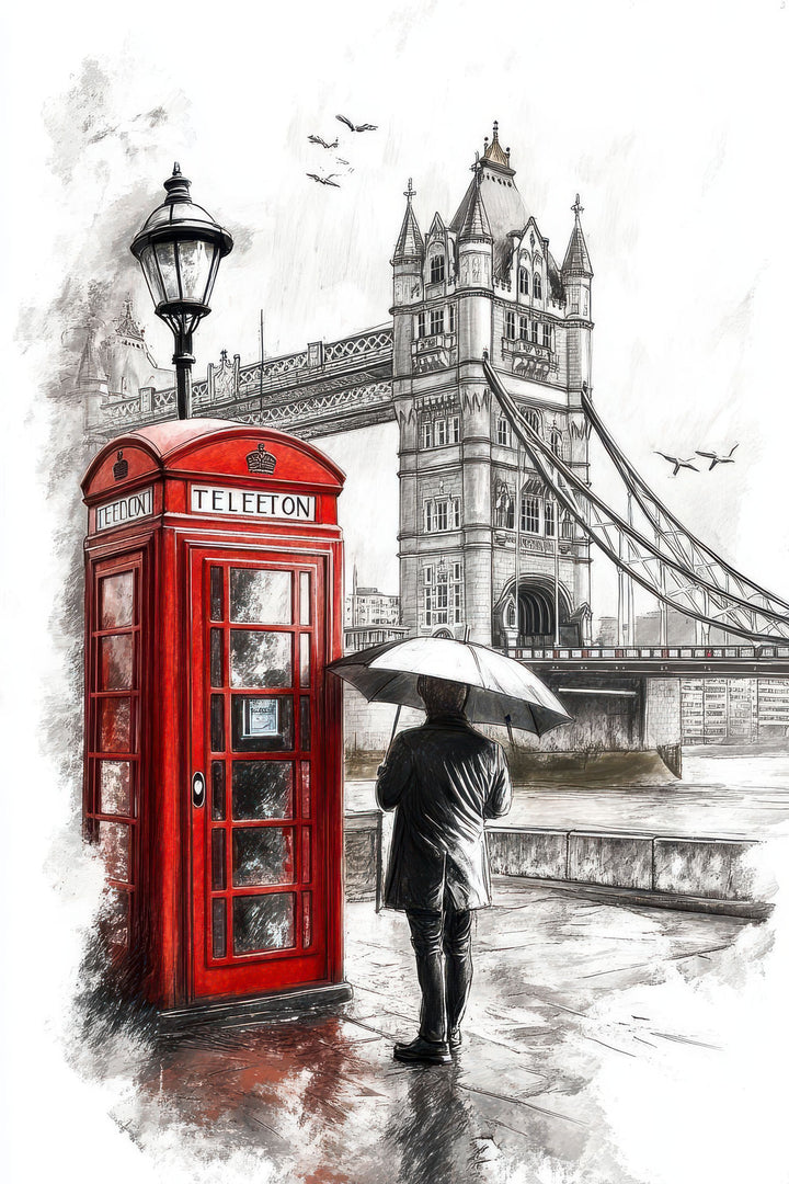 London red telephone booth watercolor canvas art with Tower Bridge background